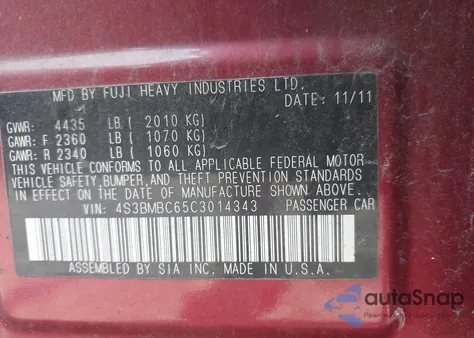 2012 Subaru Legacy 2.5I Premium из США, поврежденный, VIN 4S3BMBC65C3014343